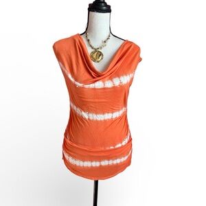 INC International Concepts Tie Dye Orange White Stripe Sequin Cowl Neck Top Sz M